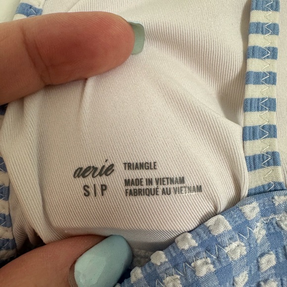 AERIE seersucker ruffle longline triangle bikini top plaid blue and white Size S - Picture 8 of 10